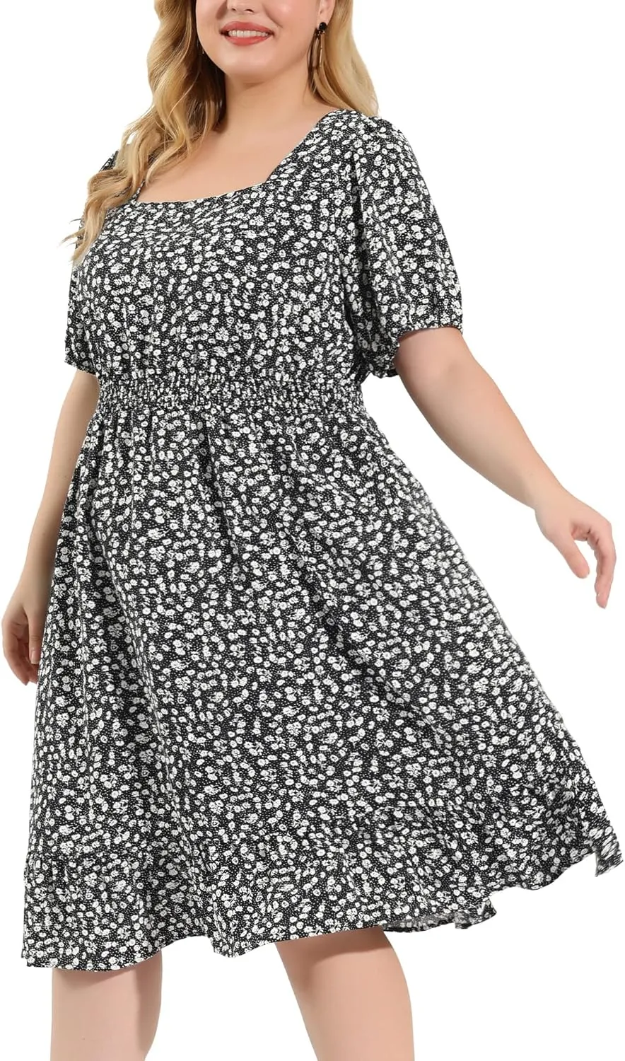 Agnes Orinda Plus Size Women's Dresses Short Sleeve Square Neck Elastic Waist Floral Dress Summer 2024