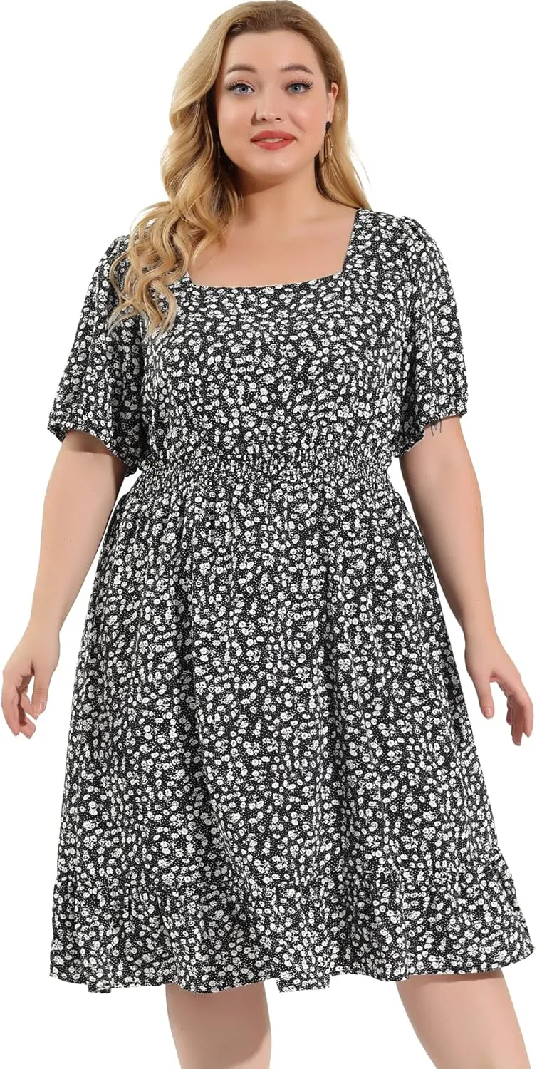 Agnes Orinda Plus Size Women's Dresses Short Sleeve Square Neck Elastic Waist Floral Dress Summer 2024