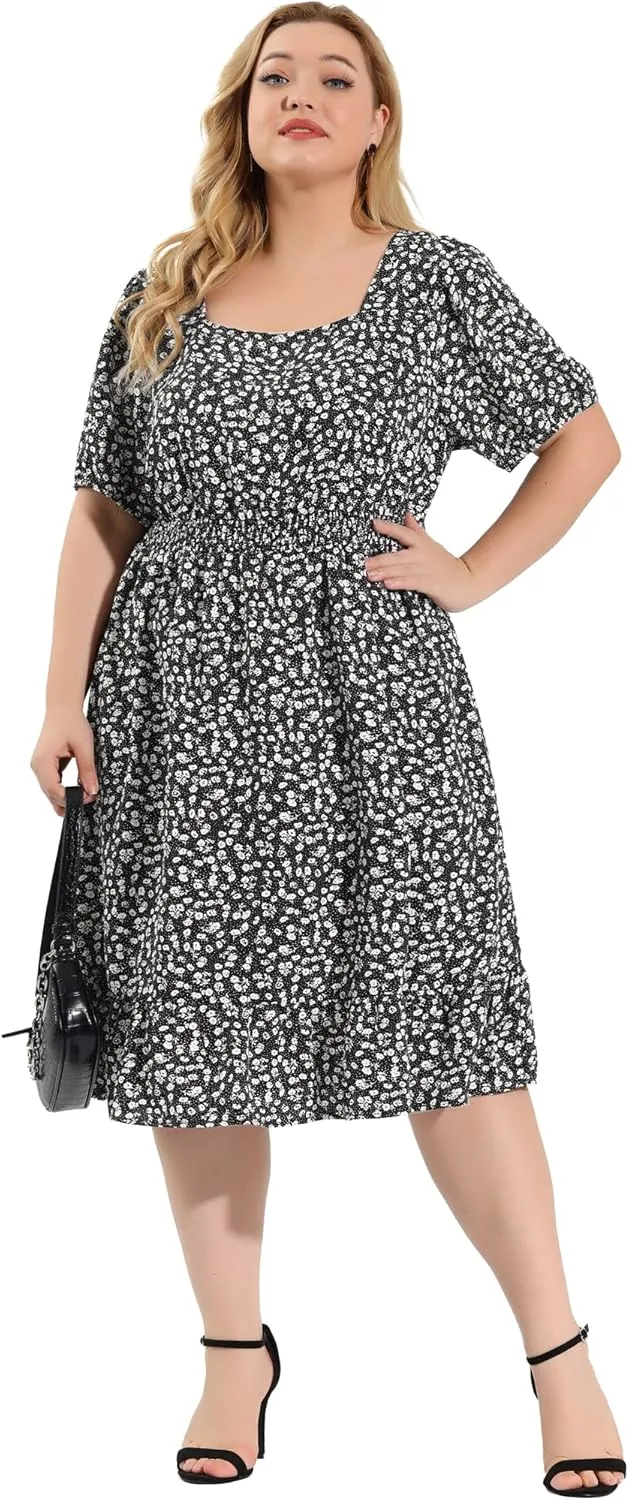 Agnes Orinda Plus Size Women's Dresses Short Sleeve Square Neck Elastic Waist Floral Dress Summer 2024
