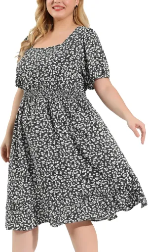 Agnes Orinda Plus Size Women's Dresses Short Sleeve Square Neck Elastic Waist Floral Dress Summer 2024