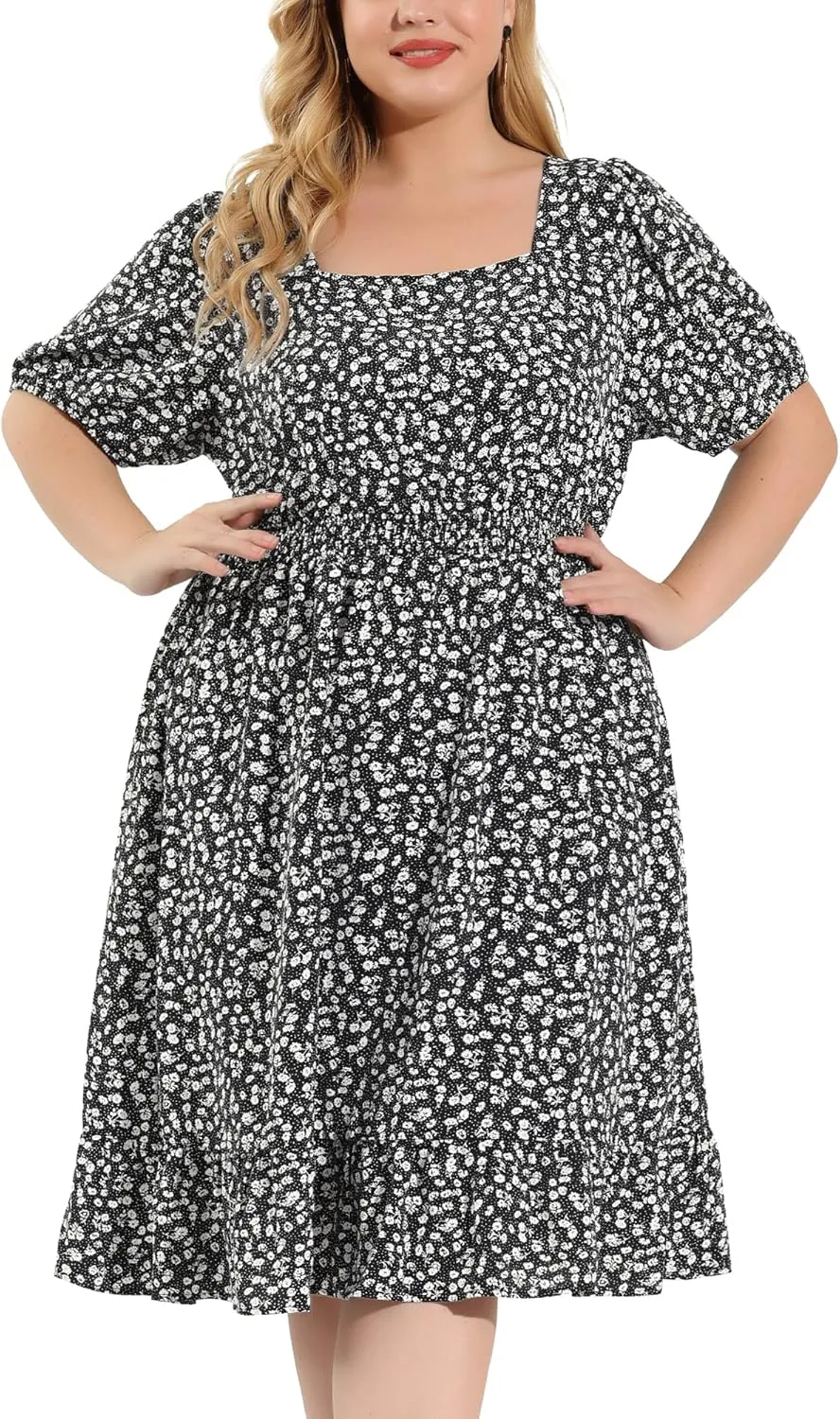 Agnes Orinda Plus Size Women's Dresses Short Sleeve Square Neck Elastic Waist Floral Dress Summer 2024