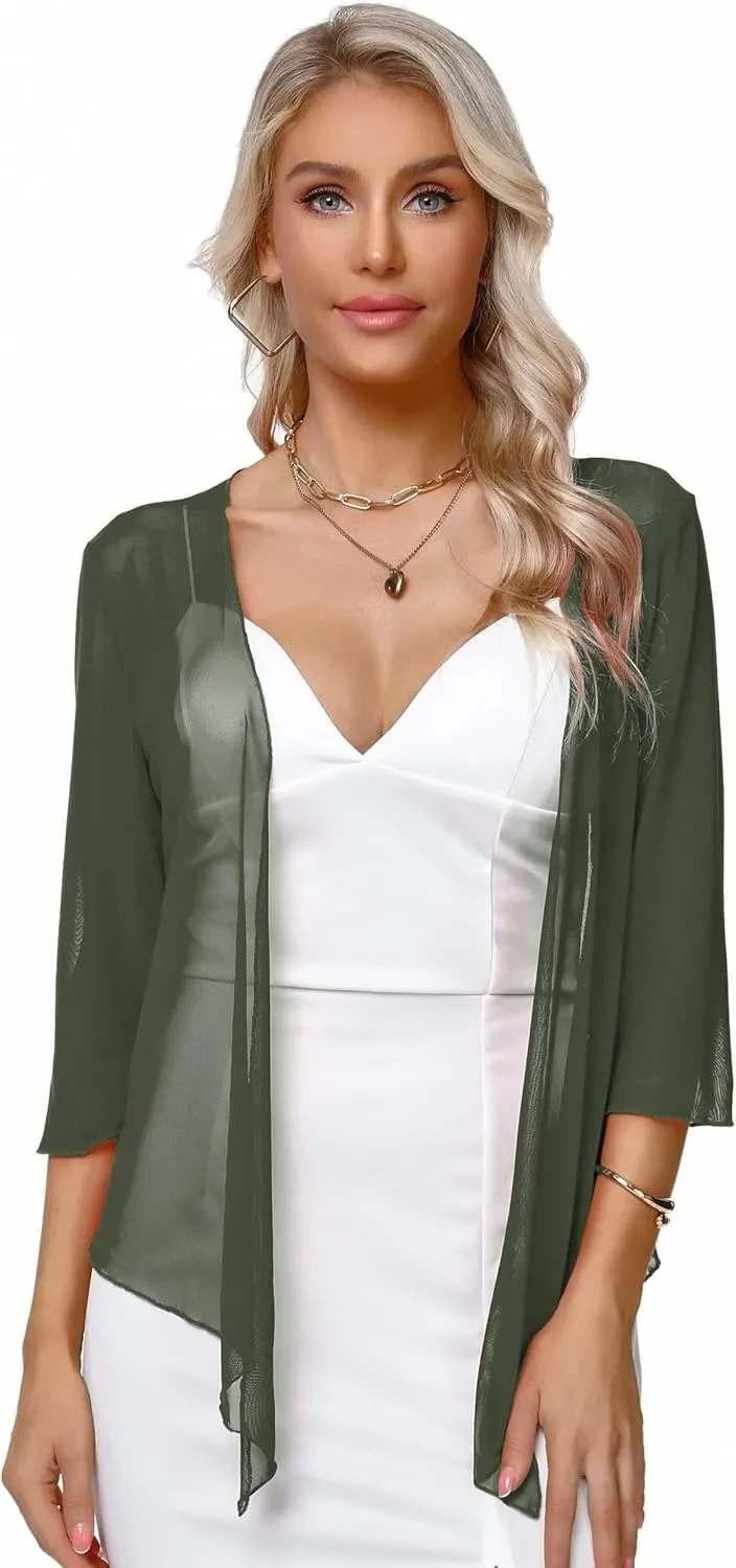 Aiboria Womens 3/4 Sleeve Shrug Sheer Mesh Bolero Tie Front Cropped Cardigan S-XXL