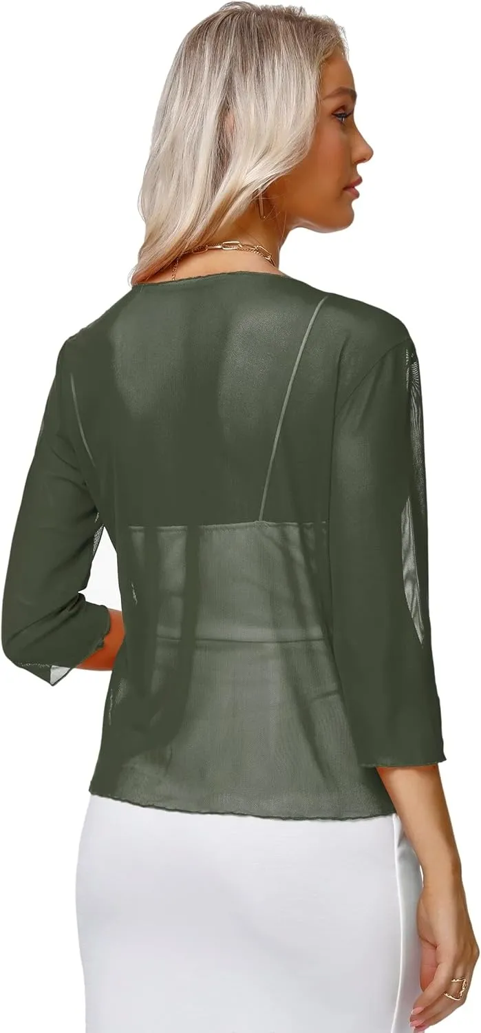 Aiboria Womens 3/4 Sleeve Shrug Sheer Mesh Bolero Tie Front Cropped Cardigan S-XXL