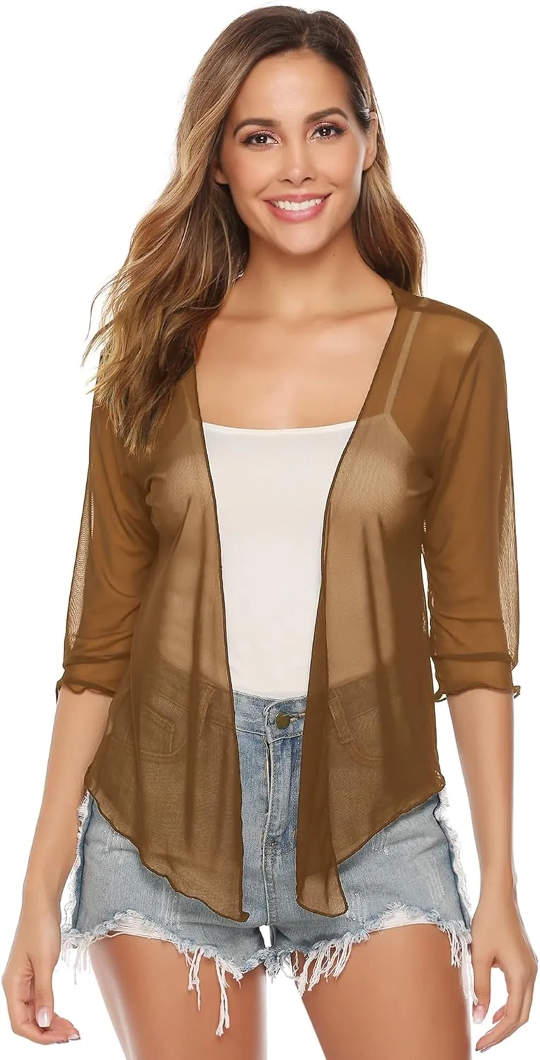 Aiboria Womens 3/4 Sleeve Shrug Sheer Mesh Bolero Tie Front Cropped Cardigan S-XXL