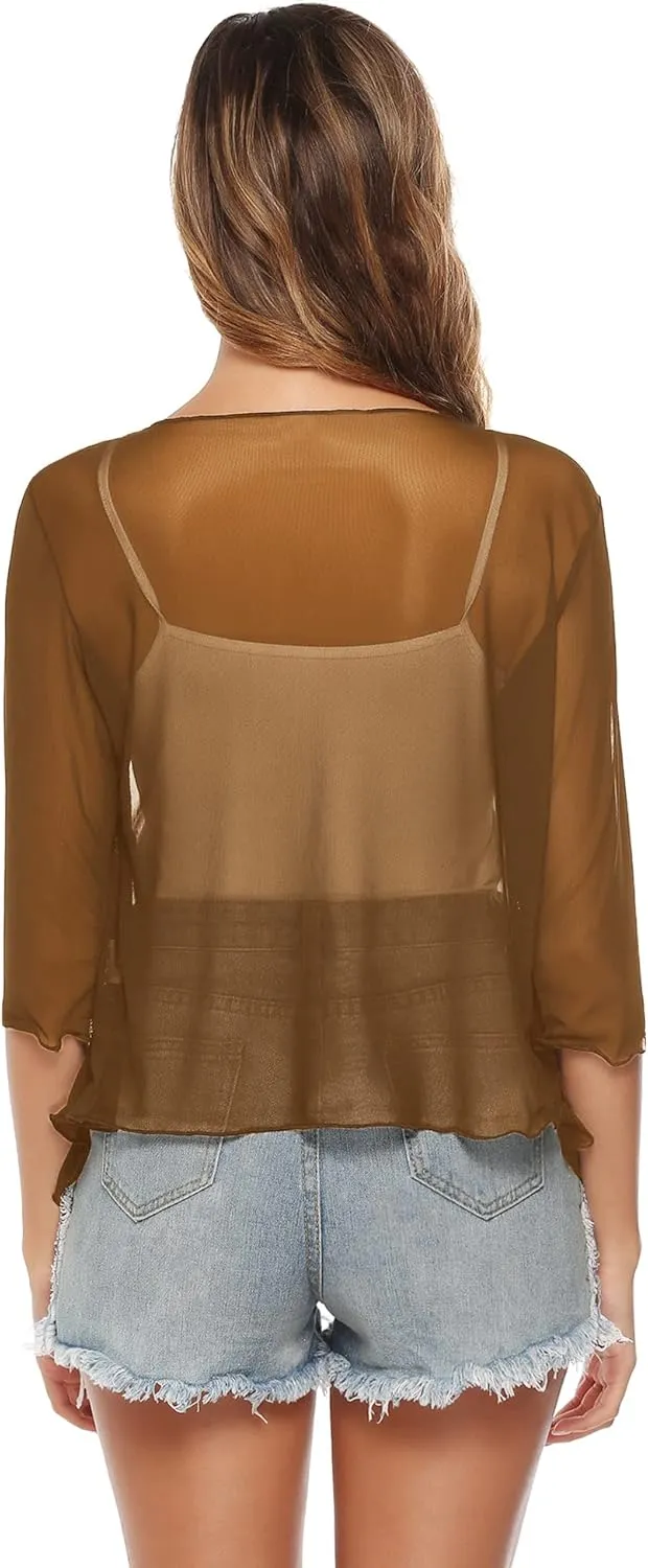Aiboria Womens 3/4 Sleeve Shrug Sheer Mesh Bolero Tie Front Cropped Cardigan S-XXL