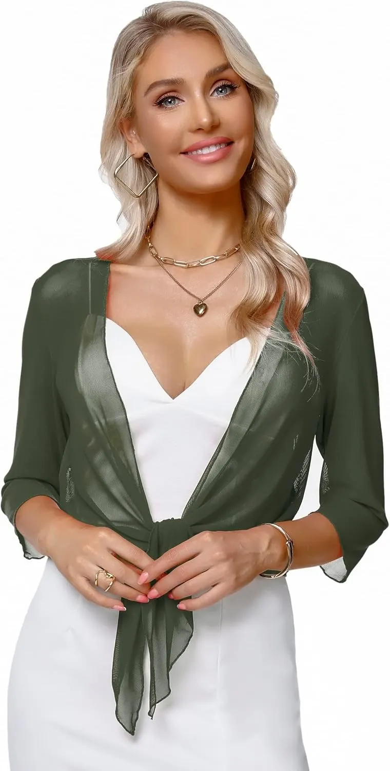 Aiboria Womens 3/4 Sleeve Shrug Sheer Mesh Bolero Tie Front Cropped Cardigan S-XXL