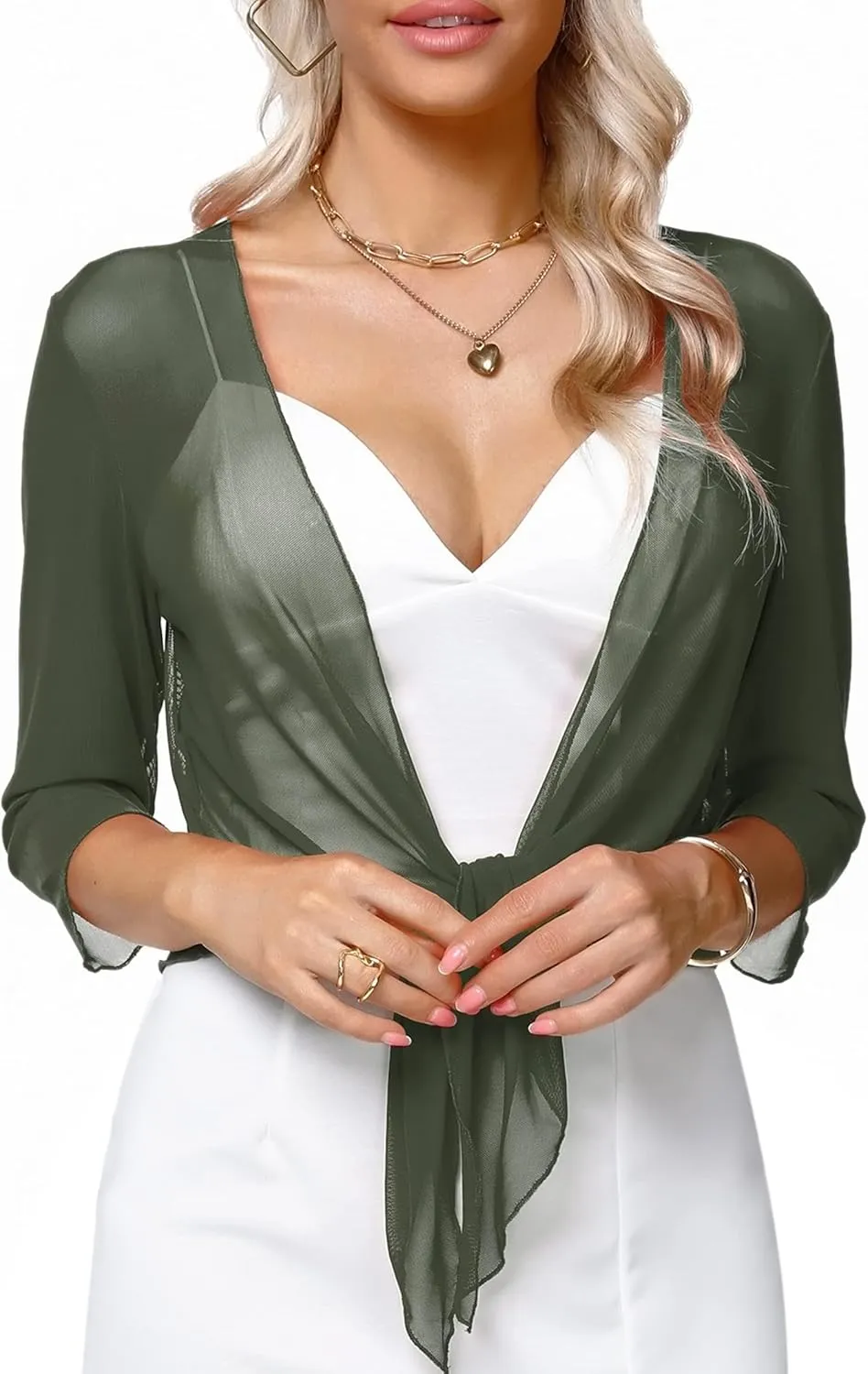 Aiboria Womens 3/4 Sleeve Shrug Sheer Mesh Bolero Tie Front Cropped Cardigan S-XXL