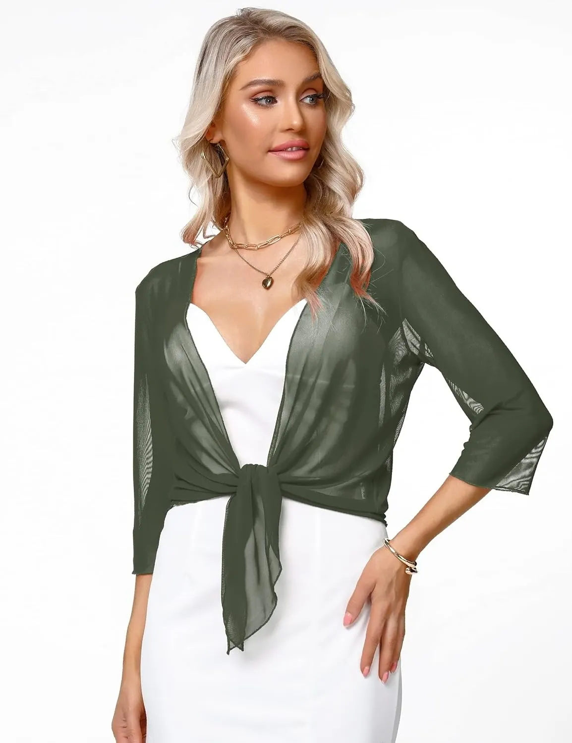 Aiboria Womens 3/4 Sleeve Shrug Sheer Mesh Bolero Tie Front Cropped Cardigan S-XXL
