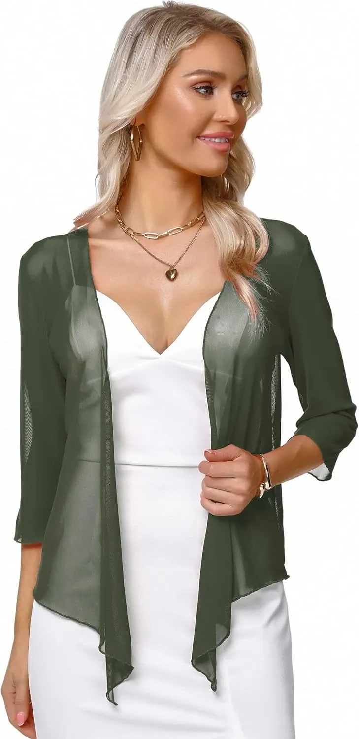 Aiboria Womens 3/4 Sleeve Shrug Sheer Mesh Bolero Tie Front Cropped Cardigan S-XXL