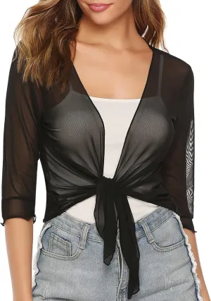 Aiboria Womens 3/4 Sleeve Shrug Sheer Mesh Bolero Tie Front Cropped Cardigan S-XXL