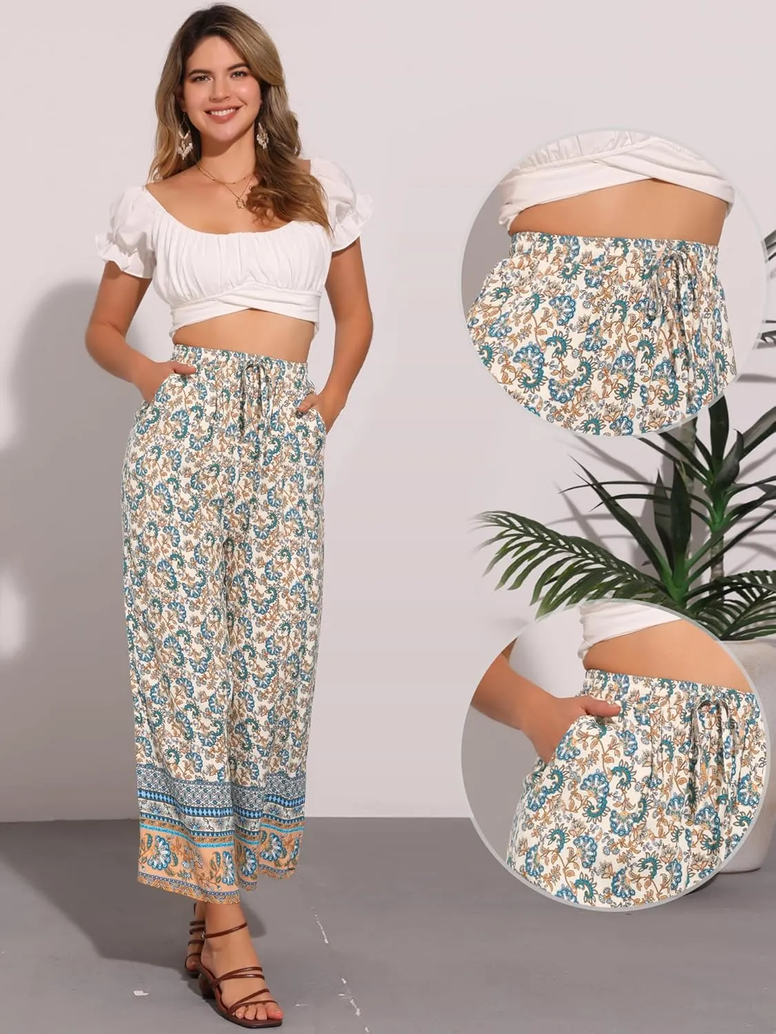 Allegra K Boho Floral Pants for Women's Drawstring Waist Beach Wide Leg Pants with Pockets