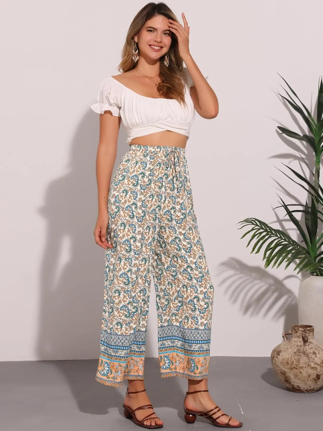 Allegra K Boho Floral Pants for Women's Drawstring Waist Beach Wide Leg Pants with Pockets
