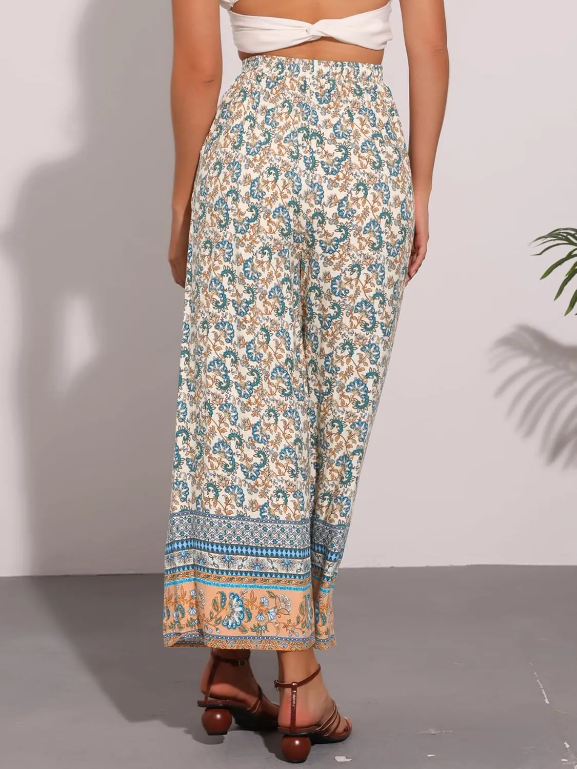 Allegra K Boho Floral Pants for Women's Drawstring Waist Beach Wide Leg Pants with Pockets