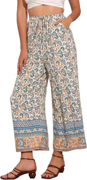 Allegra K Boho Floral Pants for Women's Drawstring Waist Beach Wide Leg Pants with Pockets