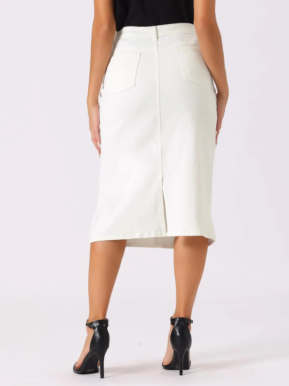 Allegra K Casual Denim Skirt for Women's High Waist Split Back Pockets Midi Jean Skirts