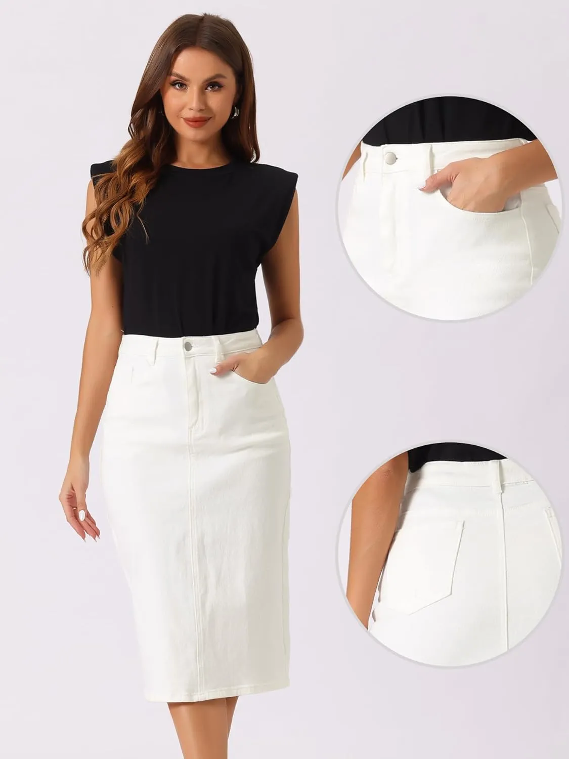 Allegra K Casual Denim Skirt for Women's High Waist Split Back Pockets Midi Jean Skirts