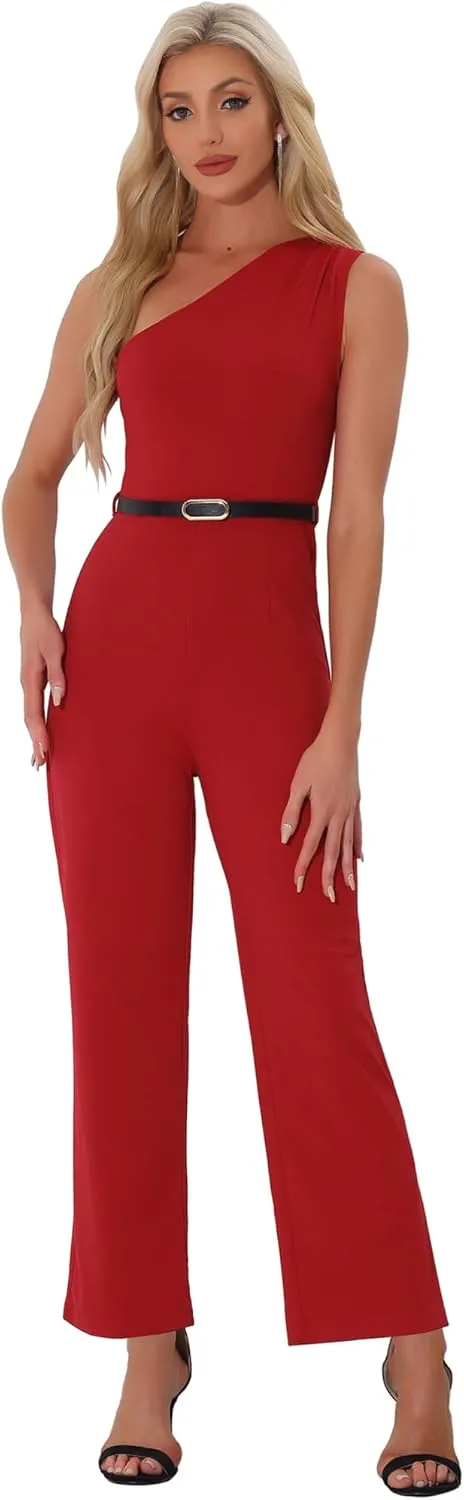 Allegra K Elegant Office Jumpsuit for Women's Dressy One Shoulder Belted Wide Leg Pants