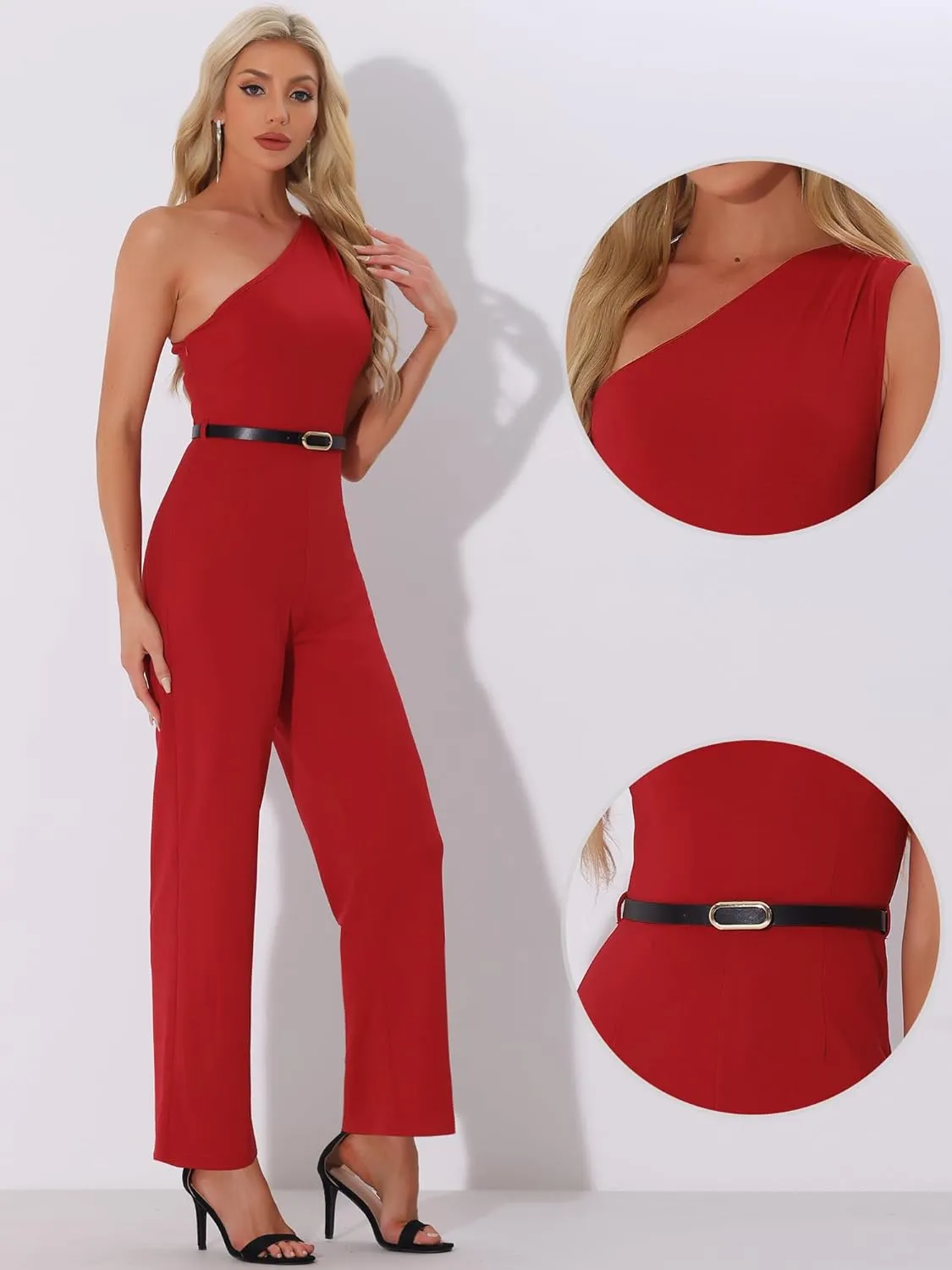 Allegra K Elegant Office Jumpsuit for Women's Dressy One Shoulder Belted Wide Leg Pants
