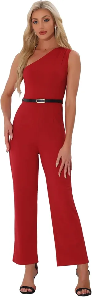 Allegra K Elegant Office Jumpsuit for Women's Dressy One Shoulder Belted Wide Leg Pants