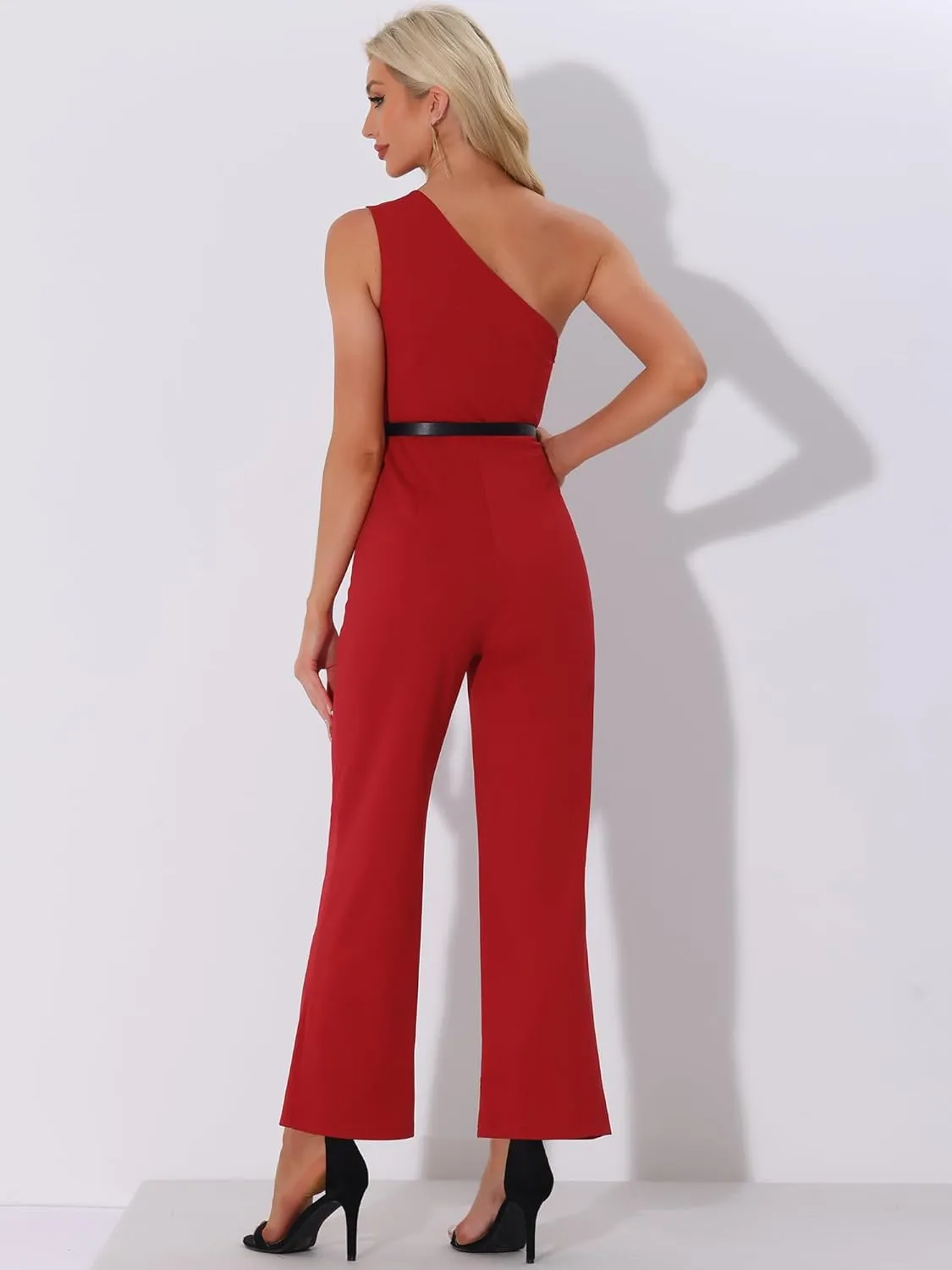 Allegra K Elegant Office Jumpsuit for Women's Dressy One Shoulder Belted Wide Leg Pants