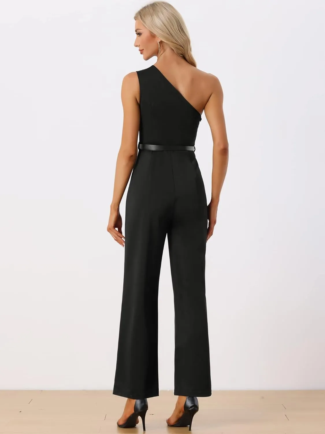 Allegra K Elegant Office Jumpsuit for Women's Dressy One Shoulder Belted Wide Leg Pants