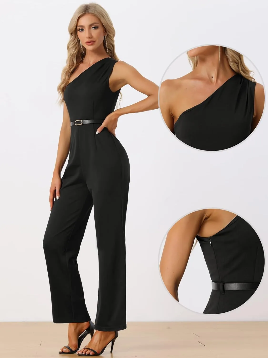 Allegra K Elegant Office Jumpsuit for Women's Dressy One Shoulder Belted Wide Leg Pants