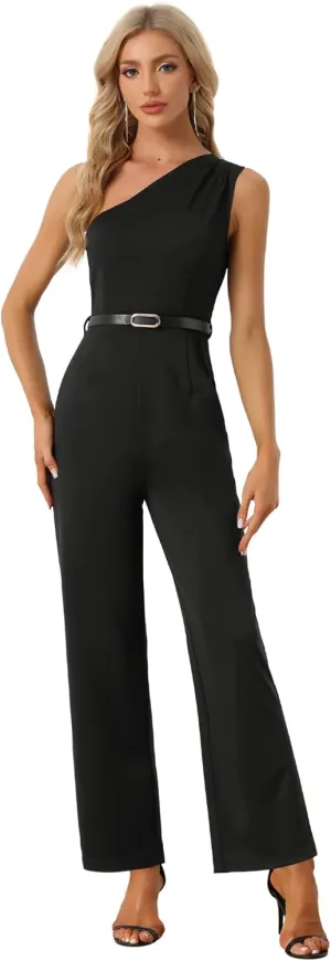 Allegra K Elegant Office Jumpsuit for Women's Dressy One Shoulder Belted Wide Leg Pants