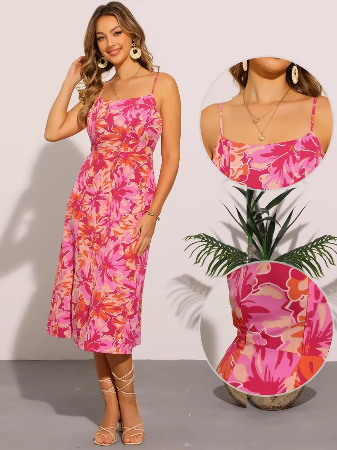 Allegra K Summer Floral Dress for Women's Casual Spaghetti Strap Smocked Square Neck Boho Beach Midi Sundress
