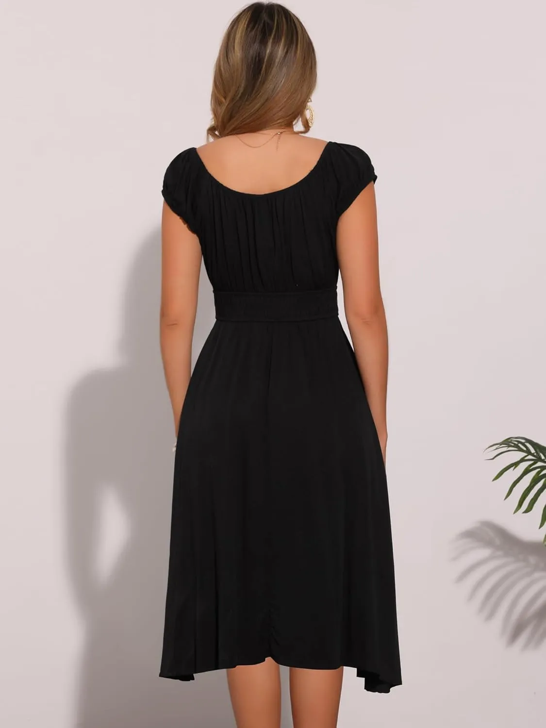 Allegra K Summer Midi Dress for Women's Casual Cap Sleeve Scoop Neck Beach Party Asymmetric Flowy Sundress