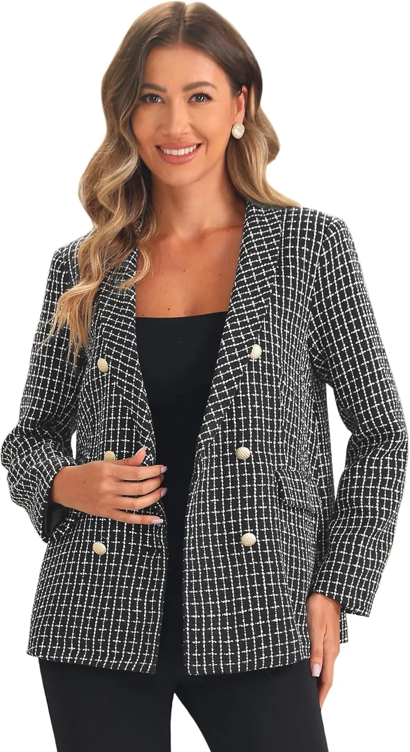 Allegra K Tweed Blazer for Women's Button Front Plaids Jacket Coat