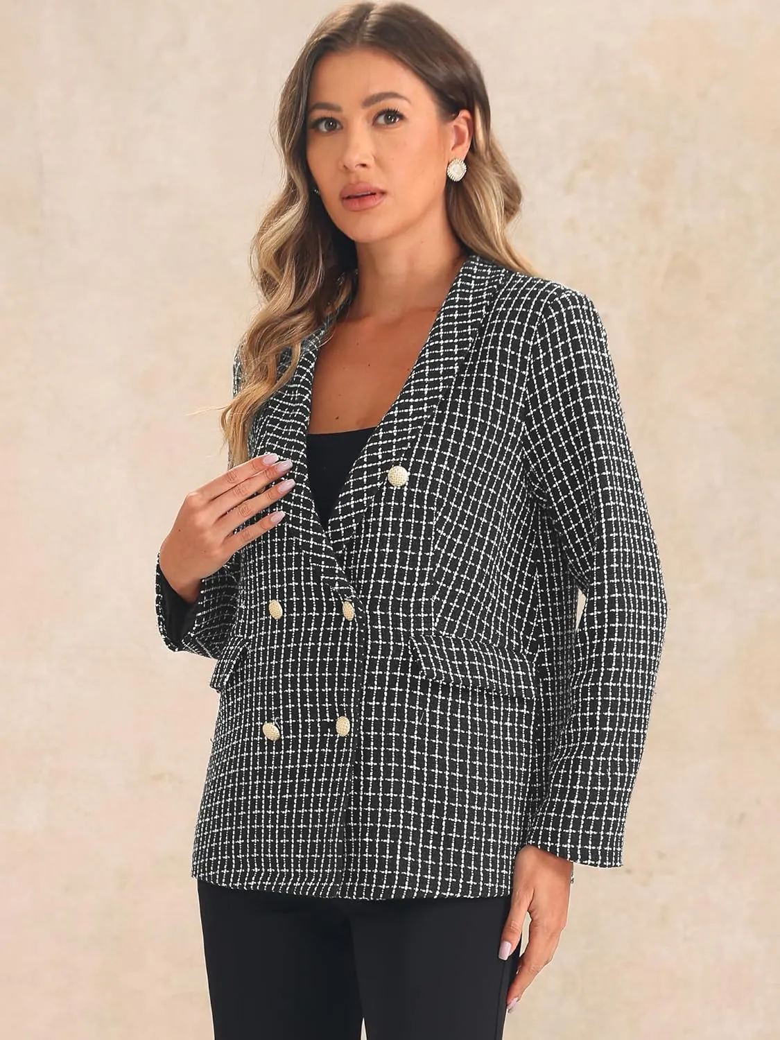 Allegra K Tweed Blazer for Women's Button Front Plaids Jacket Coat