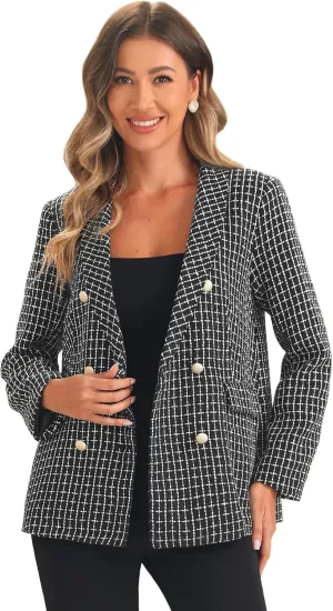 Allegra K Tweed Blazer for Women's Button Front Plaids Jacket Coat