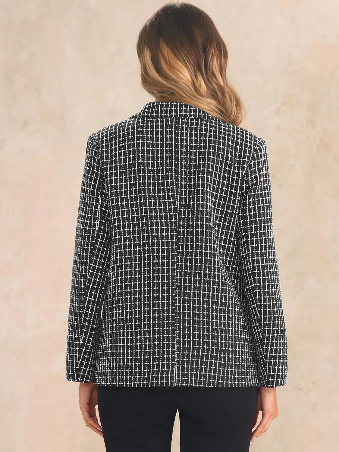 Allegra K Tweed Blazer for Women's Button Front Plaids Jacket Coat
