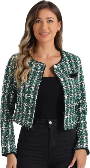 Allegra K Tweed Jacket for Women's Long Sleeve Casual Work Office Plaid Short Outwear