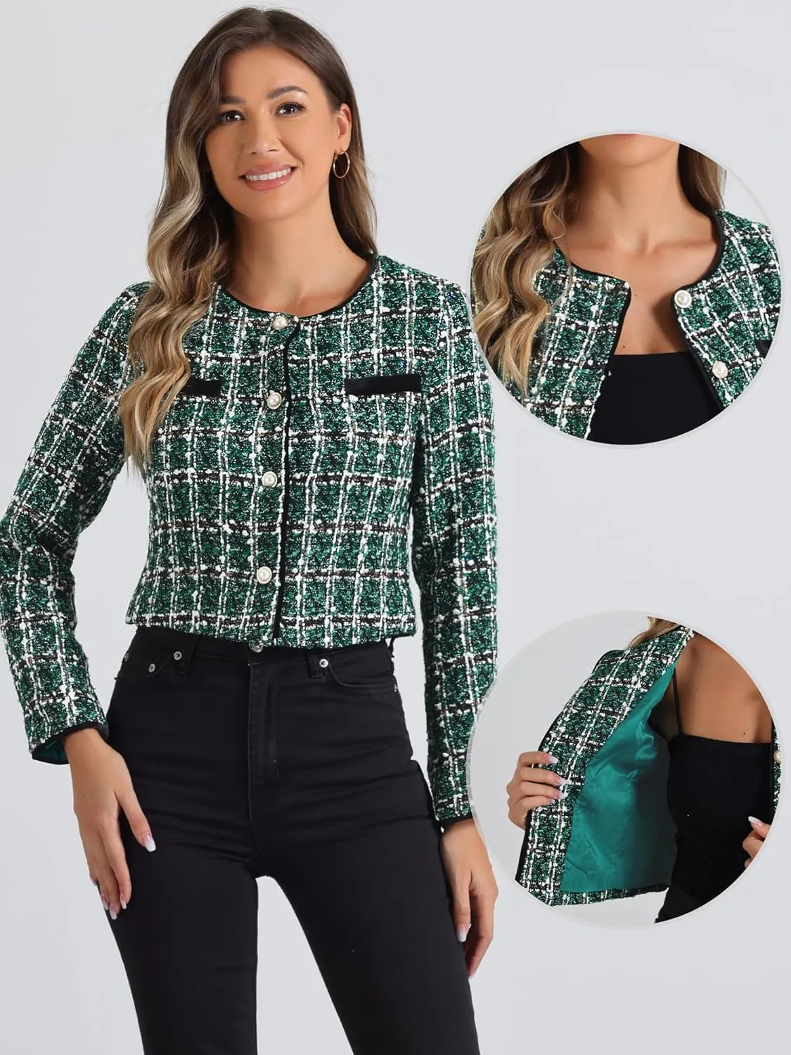 Allegra K Tweed Jacket for Women's Long Sleeve Casual Work Office Plaid Short Outwear