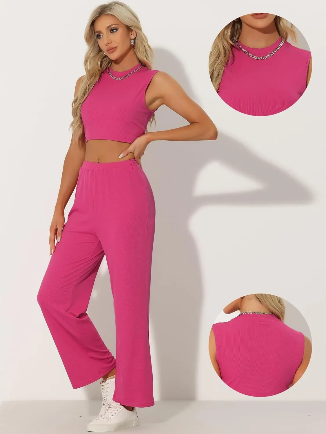 Allegra K Two Piece Pajamas Set for Women's Summer Tank Top Wide Leg Pants Casual Lounge Sets