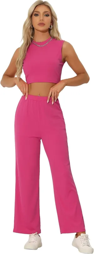 Allegra K Two Piece Pajamas Set for Women's Summer Tank Top Wide Leg Pants Casual Lounge Sets