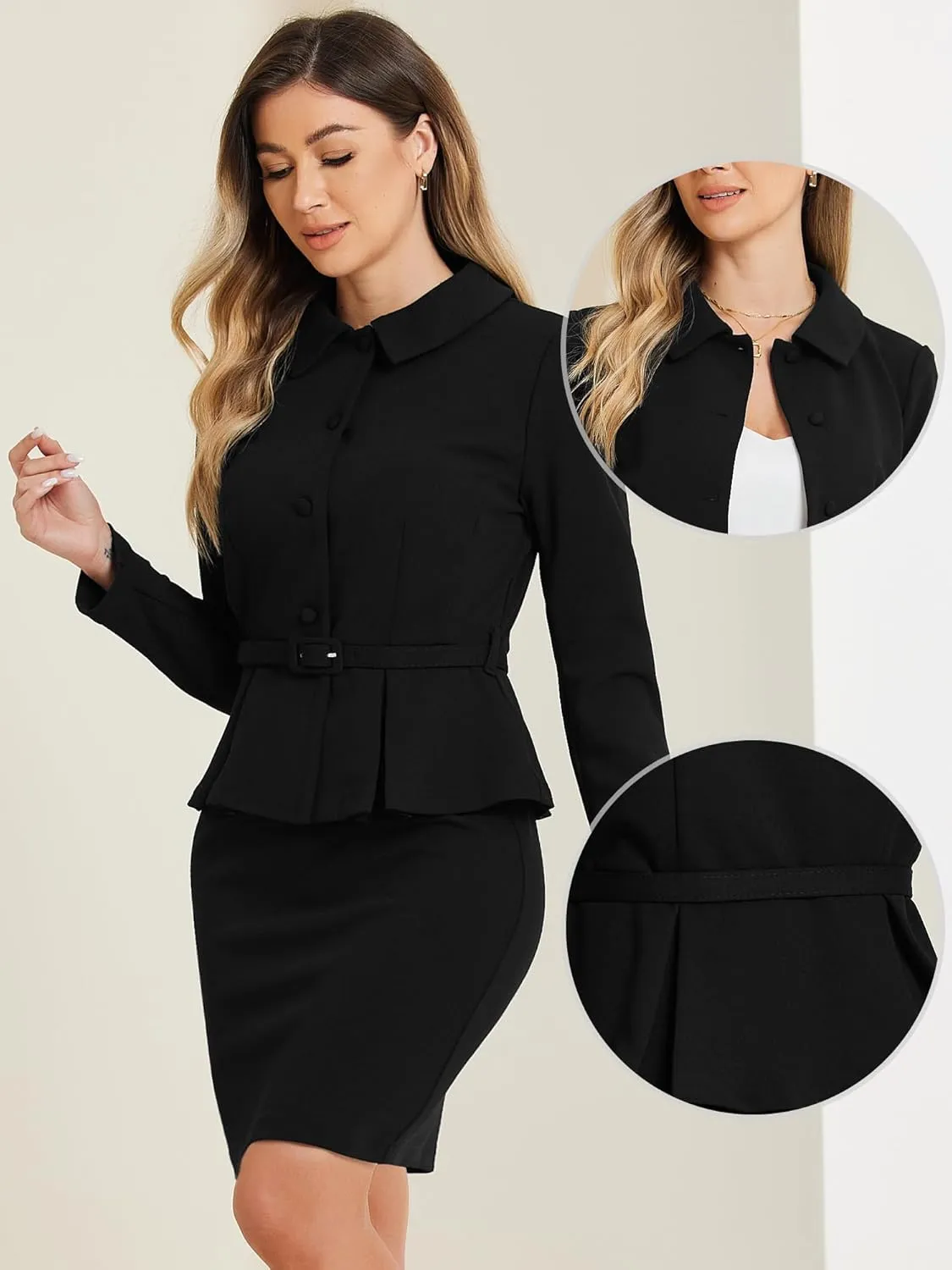 Allegra K Two Pieces Suits for Women's Business Peplum Blazer Jacket Mini Pencil Skirt Sets