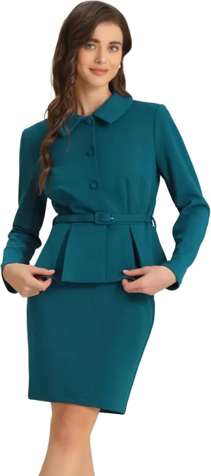 Allegra K Two Pieces Suits for Women's Business Peplum Blazer Jacket Mini Pencil Skirt Sets
