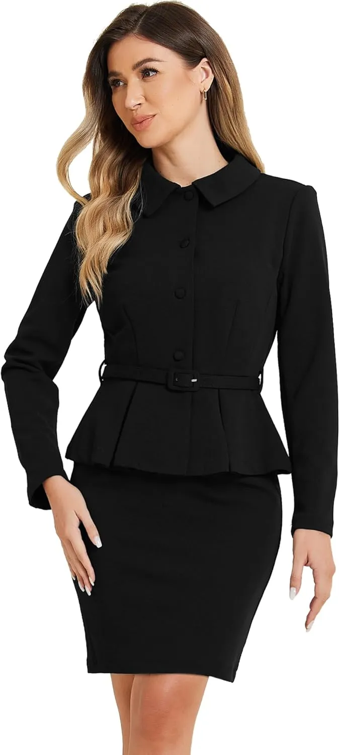 Allegra K Two Pieces Suits for Women's Business Peplum Blazer Jacket Mini Pencil Skirt Sets