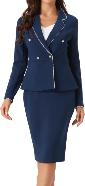 Allegra K Women's 2 Pieces Skirt Sets Business Casual Outfits Tweed Trim Blazer Jacket and Pencil Skirt Suit Set