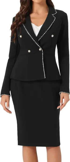 Allegra K Women's 2 Pieces Skirt Sets Business Casual Outfits Tweed Trim Blazer Jacket and Pencil Skirt Suit Set