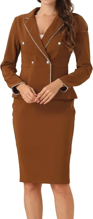 Allegra K Women's 2 Pieces Skirt Sets Business Casual Outfits Tweed Trim Blazer Jacket and Pencil Skirt Suit Set