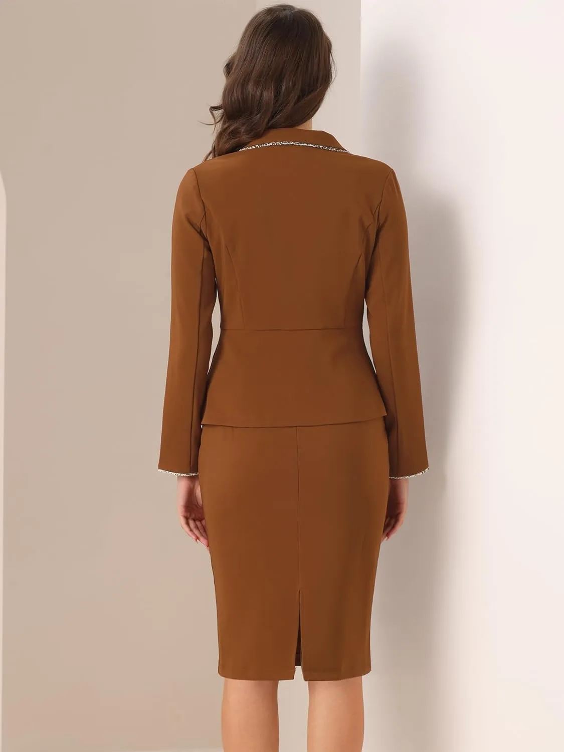 Allegra K Women's 2 Pieces Skirt Sets Business Casual Outfits Tweed Trim Blazer Jacket and Pencil Skirt Suit Set