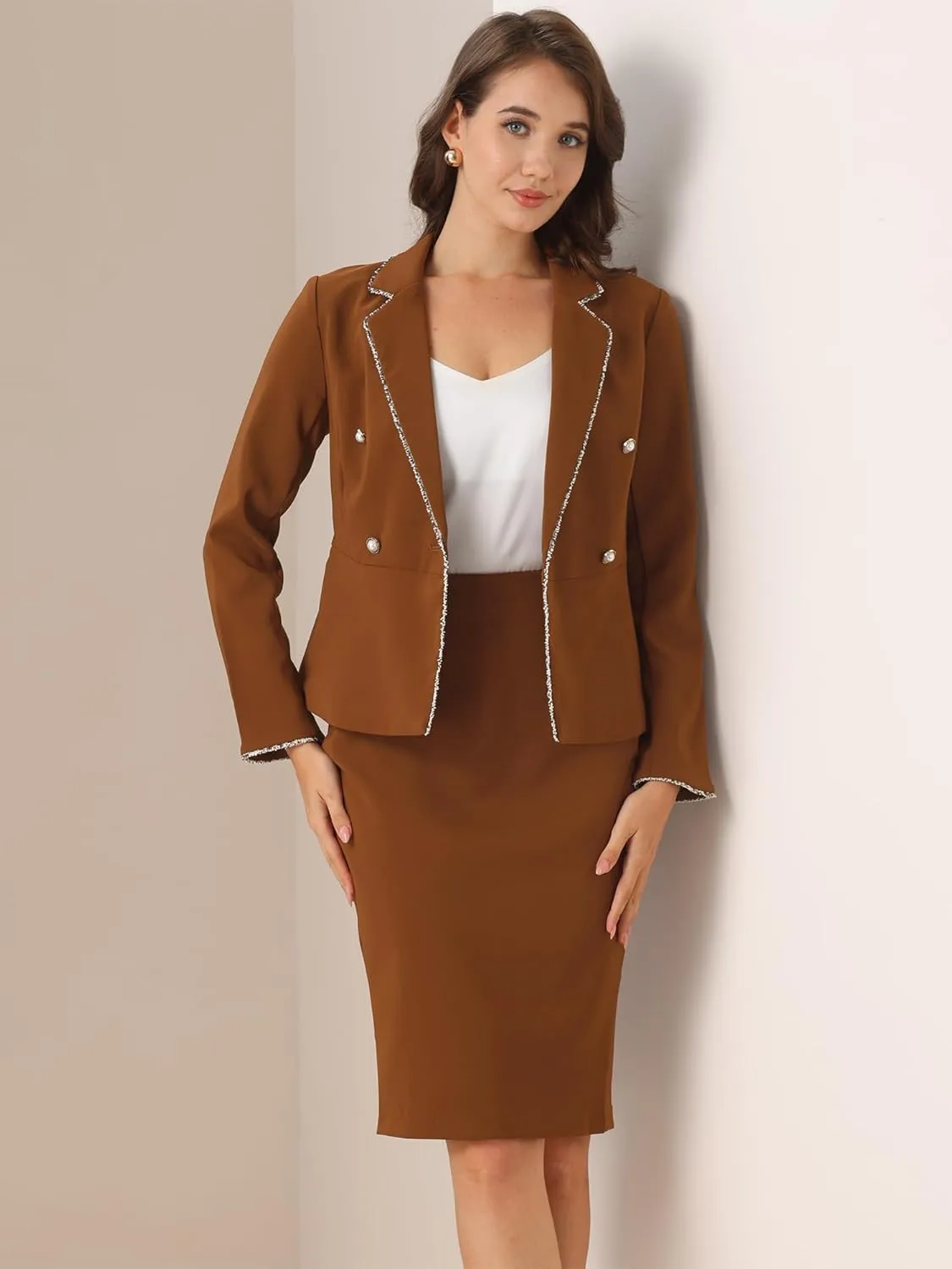Allegra K Women's 2 Pieces Skirt Sets Business Casual Outfits Tweed Trim Blazer Jacket and Pencil Skirt Suit Set