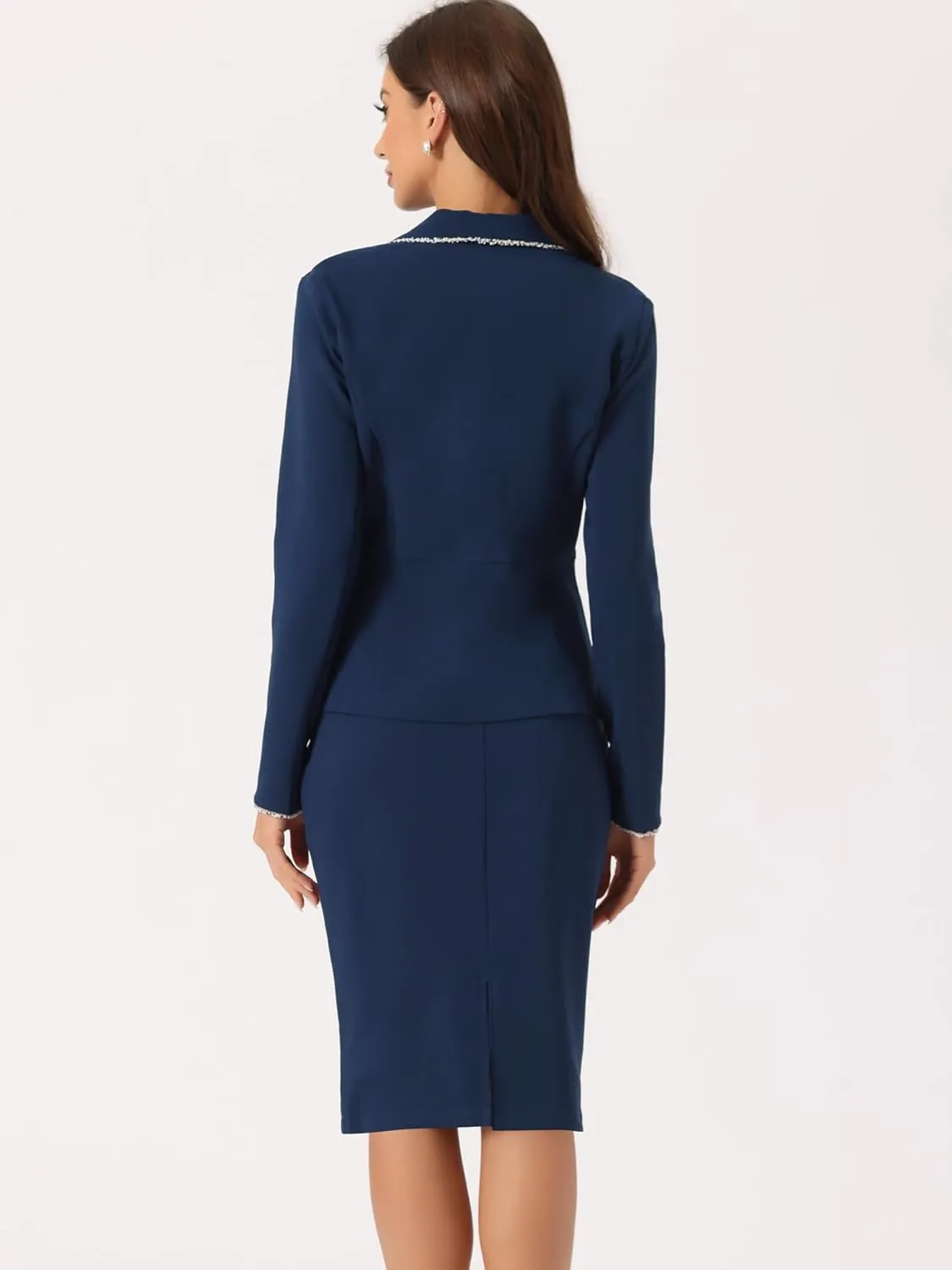 Allegra K Women's 2 Pieces Skirt Sets Business Casual Outfits Tweed Trim Blazer Jacket and Pencil Skirt Suit Set