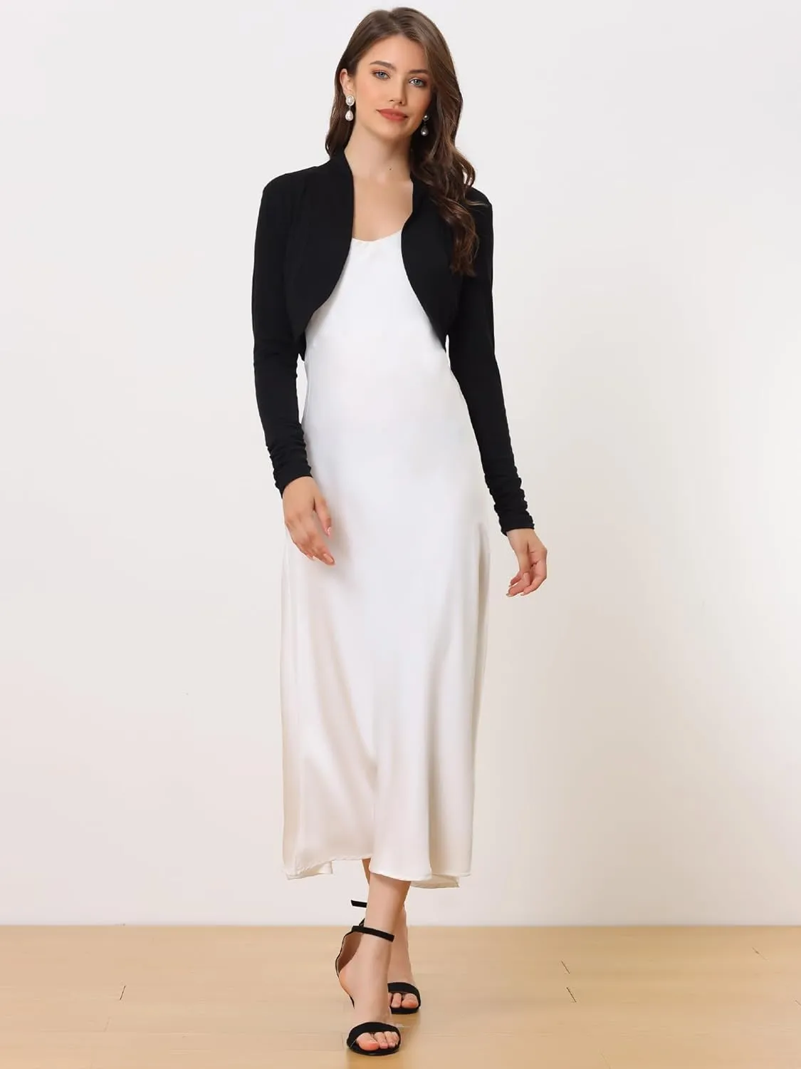 Allegra K Women's Elegant Bolero Shrug Ruched Long Sleeve Open Front Cropped Cardigan