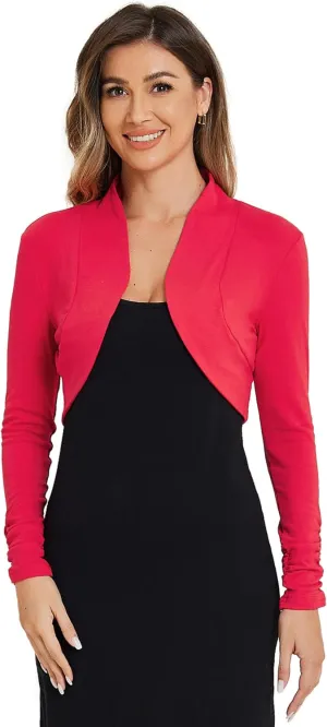 Allegra K Women's Elegant Bolero Shrug Ruched Long Sleeve Open Front Cropped Cardigan