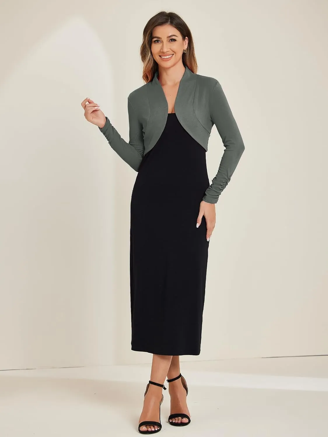 Allegra K Women's Elegant Bolero Shrug Ruched Long Sleeve Open Front Cropped Cardigan