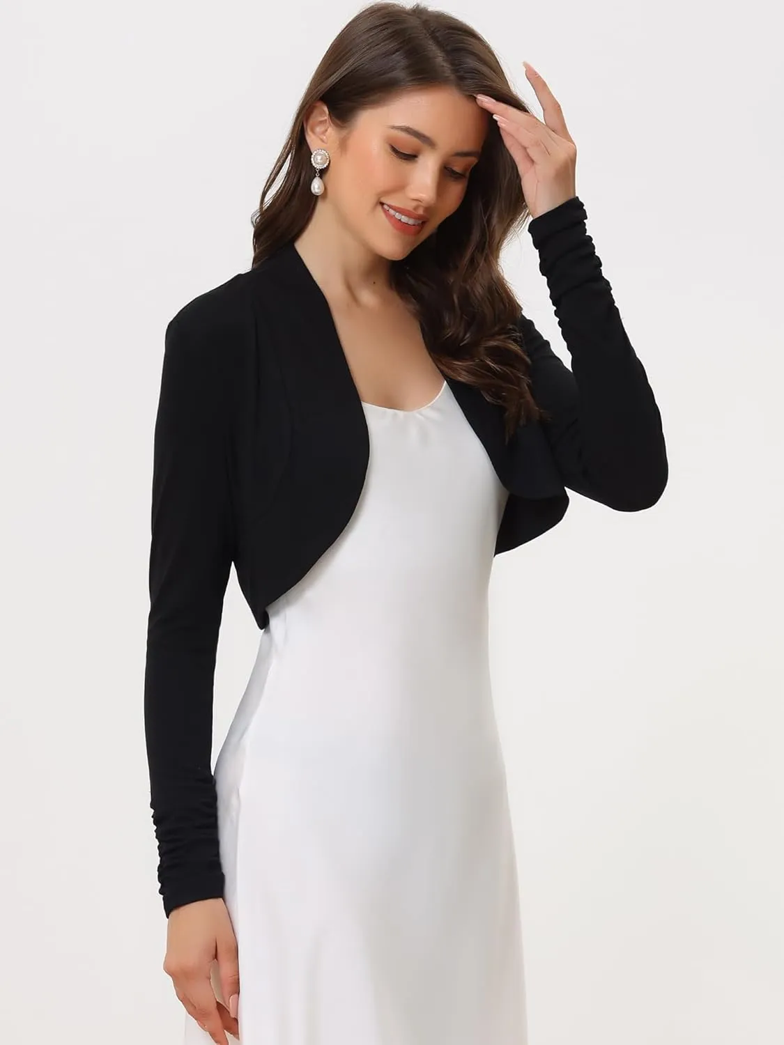 Allegra K Women's Elegant Bolero Shrug Ruched Long Sleeve Open Front Cropped Cardigan